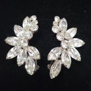 Vintage JULIANA 60s Clear Rhinestone Climber Wing Cluster Clip On Earrings AS IS